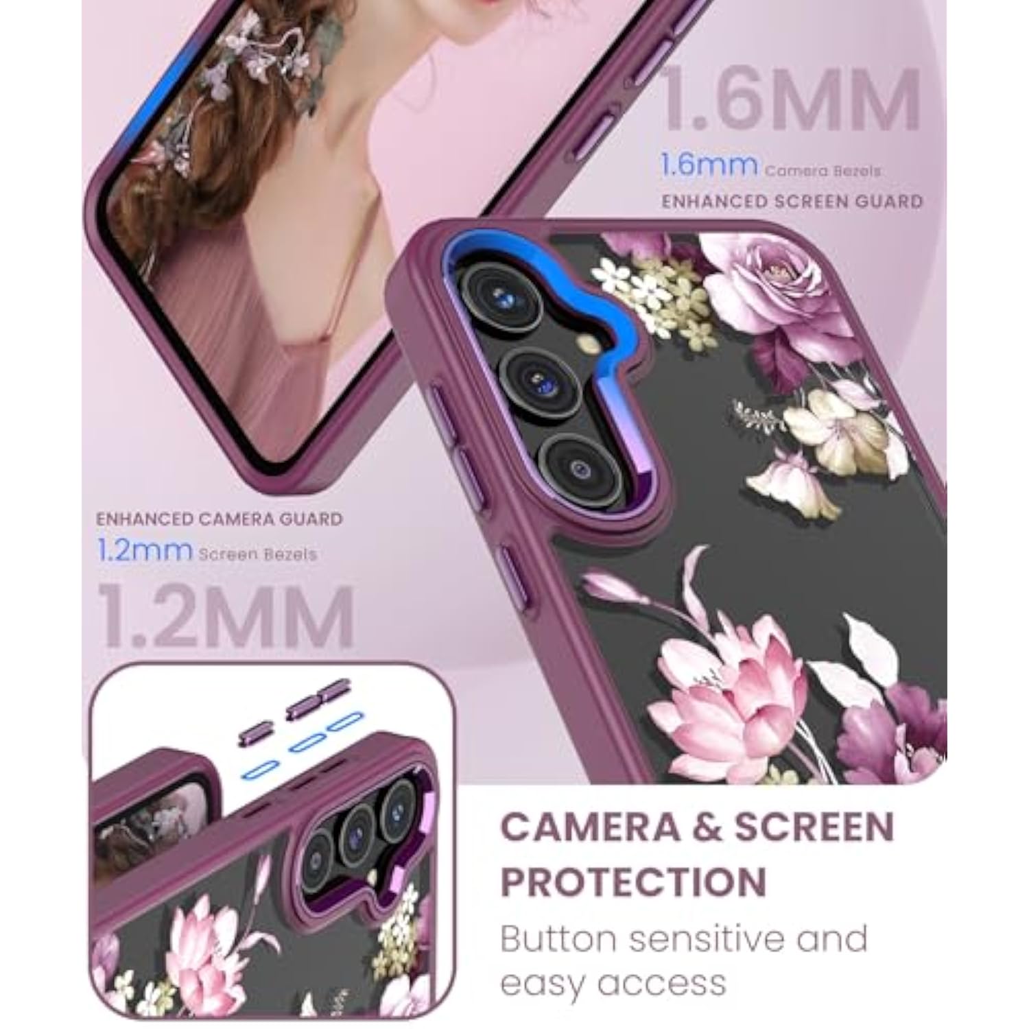 For Samsung Galaxy A35 5G Case+Tempered Glass Screen Protector, Grade Protective Slim Soft Tpu & Hard Pc,Girls Women Crystal Clear Flower Pattern Case Cover For A35 5G-Purple