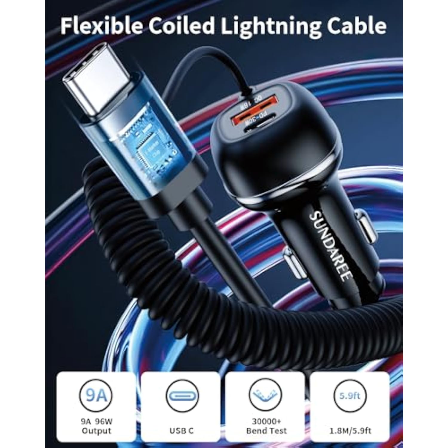 SUNDAREE 96W USB C Car Charger Three Port Cigarette Lighter Adapter PD 45W PPS33W & QC3.0 18W 6ft Type C Coiled Cable Fast Charging iPhone 16/15/14/13 Smartphones S23/S22/S21 Android ipad