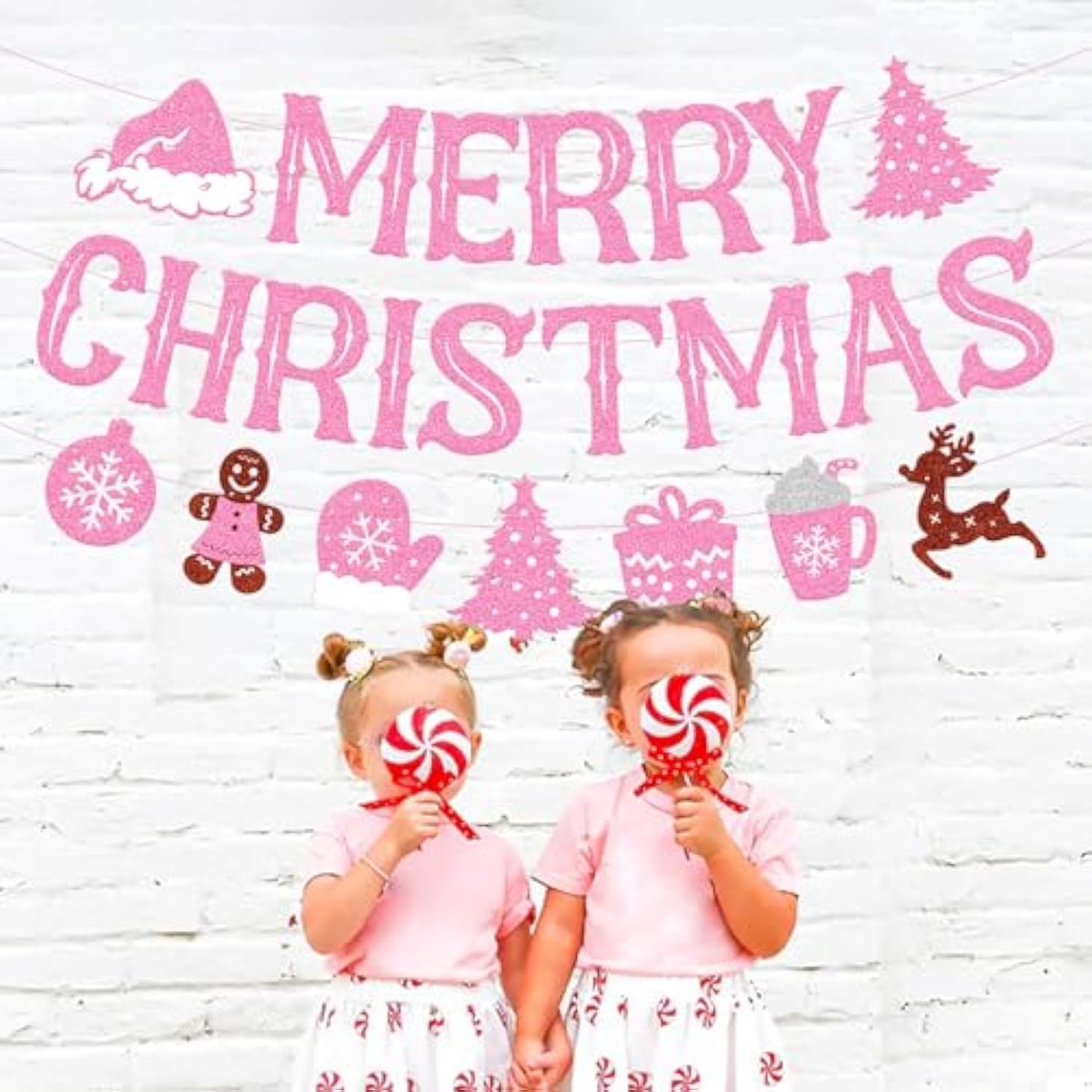Merry Christmas Banner Glitter Pink Christmas Party Garland Merry Christmas Gingerbread Snowflake Santa Claus Hot Chocolate Winter Holiday Theme Xmas Pink Party Supplies Glitter Decoration