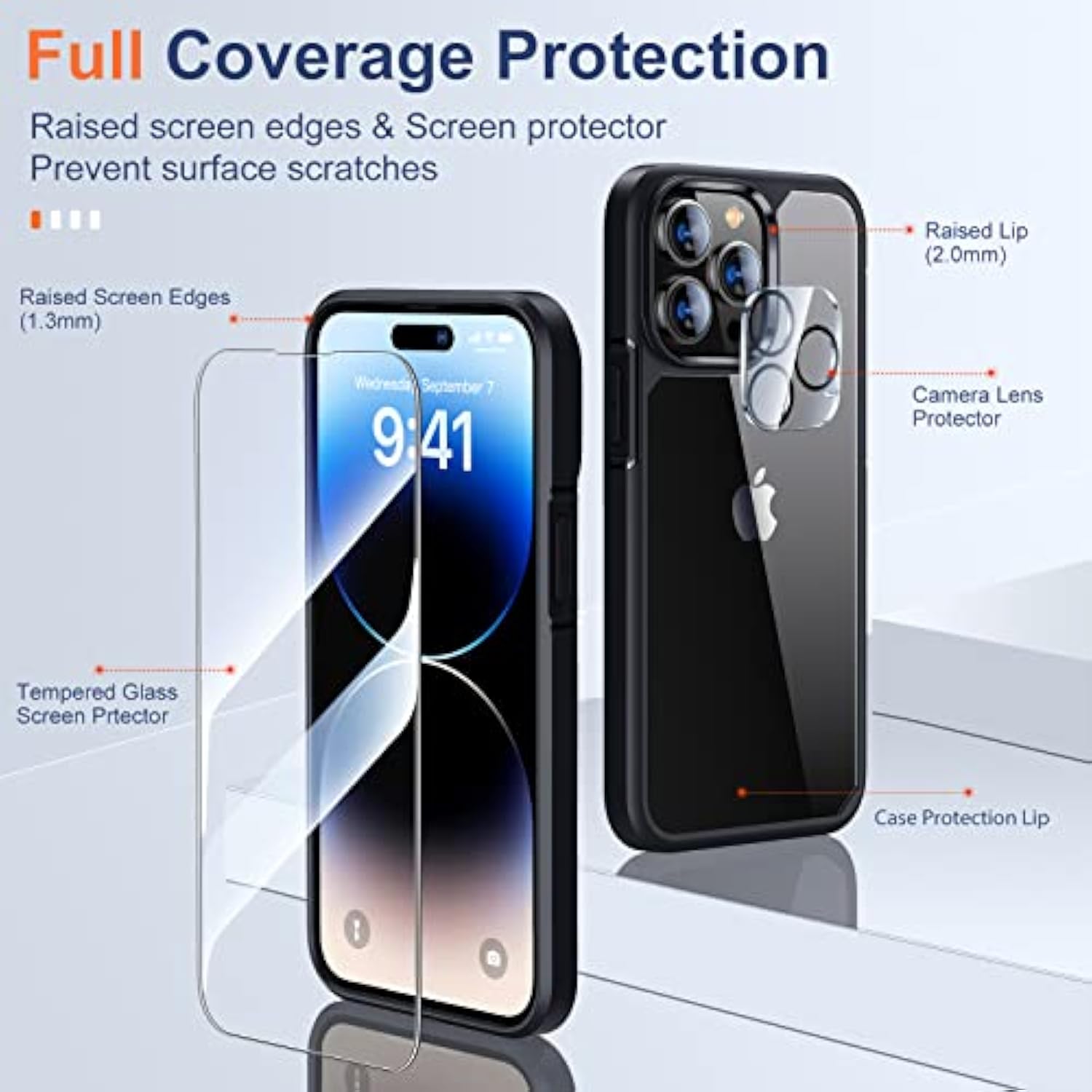 [5 In 1 Design For Iphone 14 Pro 6.1 Inch Case, 2 Pack Screen Protector Tempered Glass + 2 Pack Camera Lens Protector, [Non-Yellowing] Shockproof Ultra Thin Protective Cover - Black
