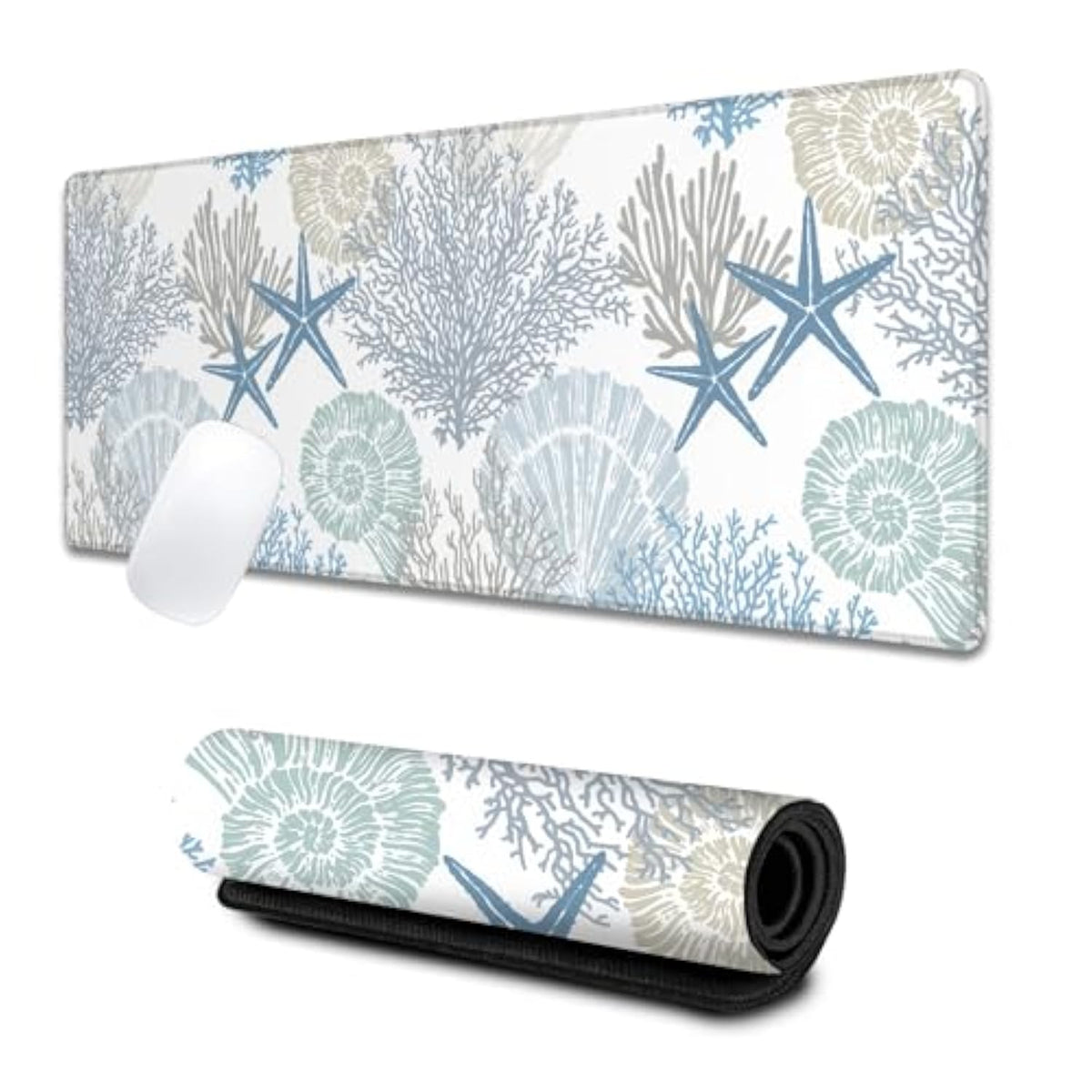 Nautical Coastal Large Gaming Desk Mat,Rubber Non-Slip Starfish Seashell Coral Beach Mouse Pad,31.5X11.8X0.12In Extended Sea Ocean Mousepad,Game Lover Mice Pads Gifts,Office Home Deskmat Decor