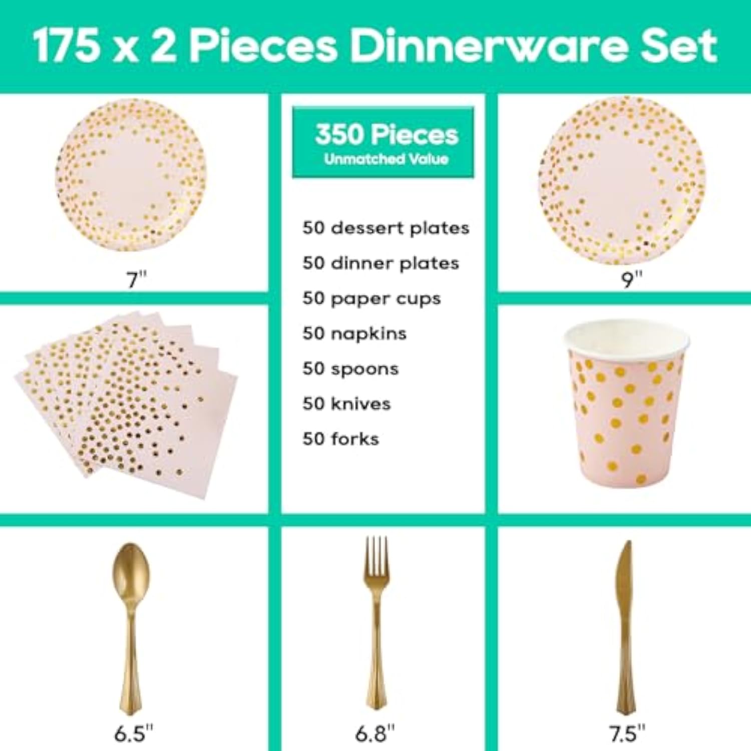 Pink And Gold Party Supplies - 350 Pcs Disposable Dinnerware Set - Pink Paper Plates Napkins Cups, Gold Plastic Forks Knives Spoon For Graduation, Birthday, Cocktail Party