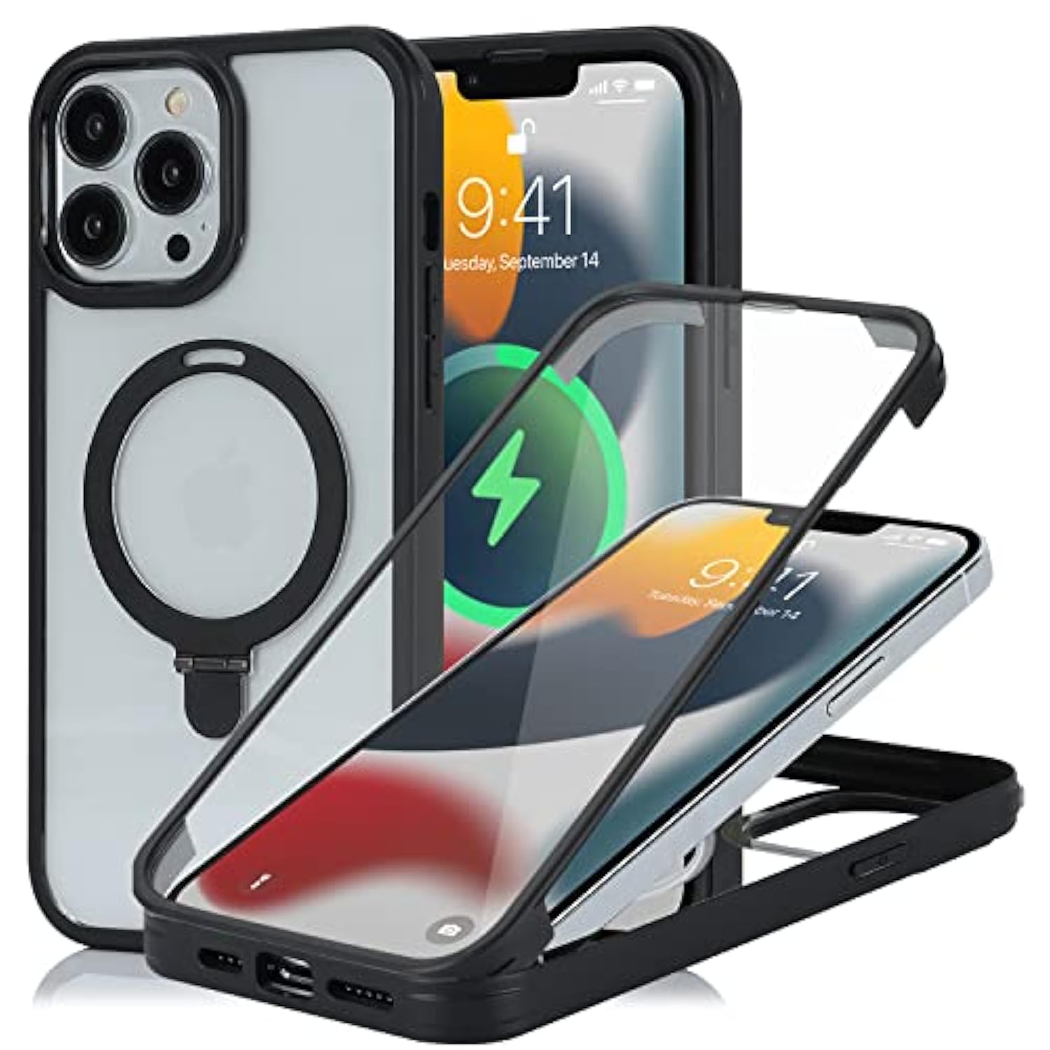 For Iphone 13 & Iphone 14 Case, Compatible With Magsafe, For Iphone 14 Case With Screen Protector, Stand Protective Magnetic Phone Cover-Black