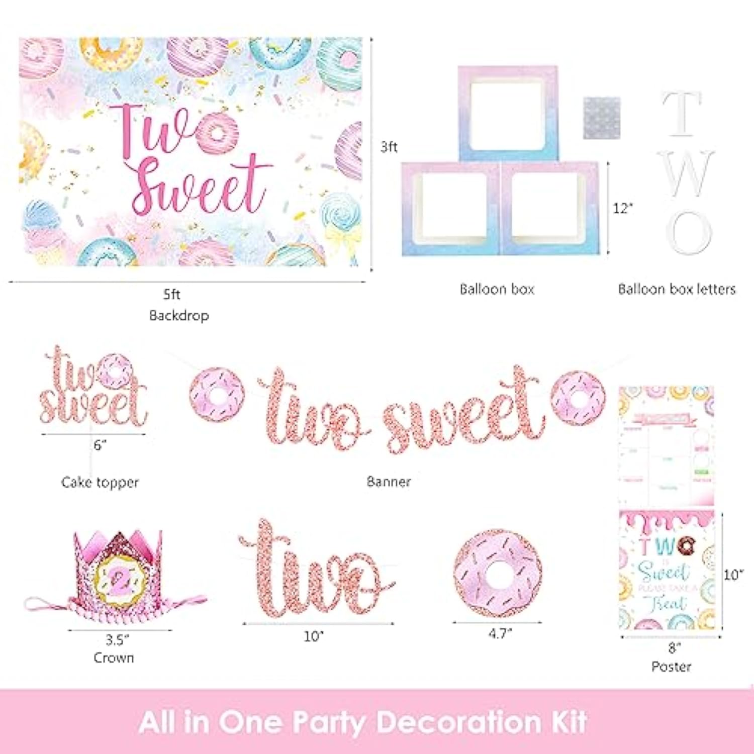 Two Sweet Birthday Party Supplies Donut & Ice Cream Decor for 2nd Birthday