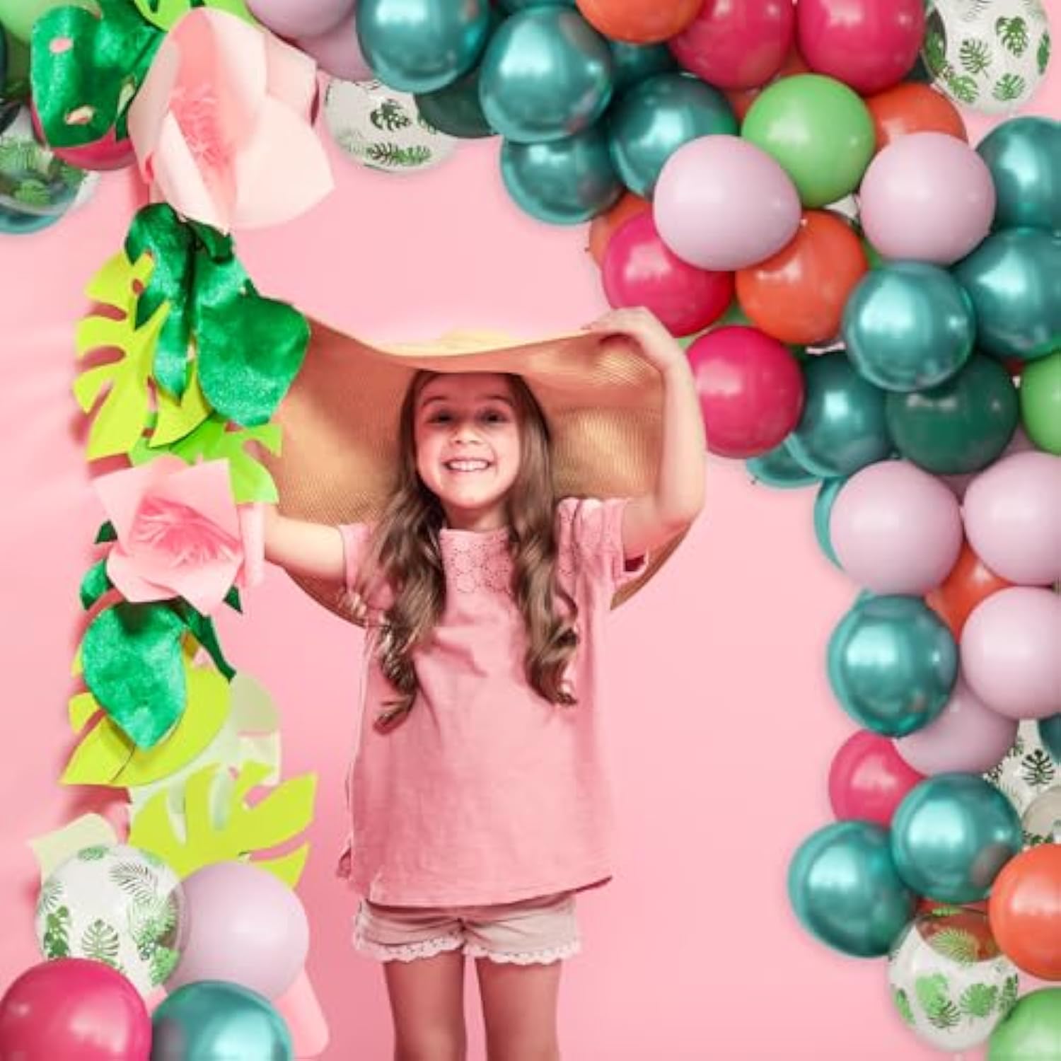 Hawaiian Luau Party Decorations, Tropical Party Balloons, 68Pcs Pink Green Rose Gold Palm Leaves Balloons For Summer Aloha Moana Flamingo Birthday Baby Shower Party Supplies, 12 Inch