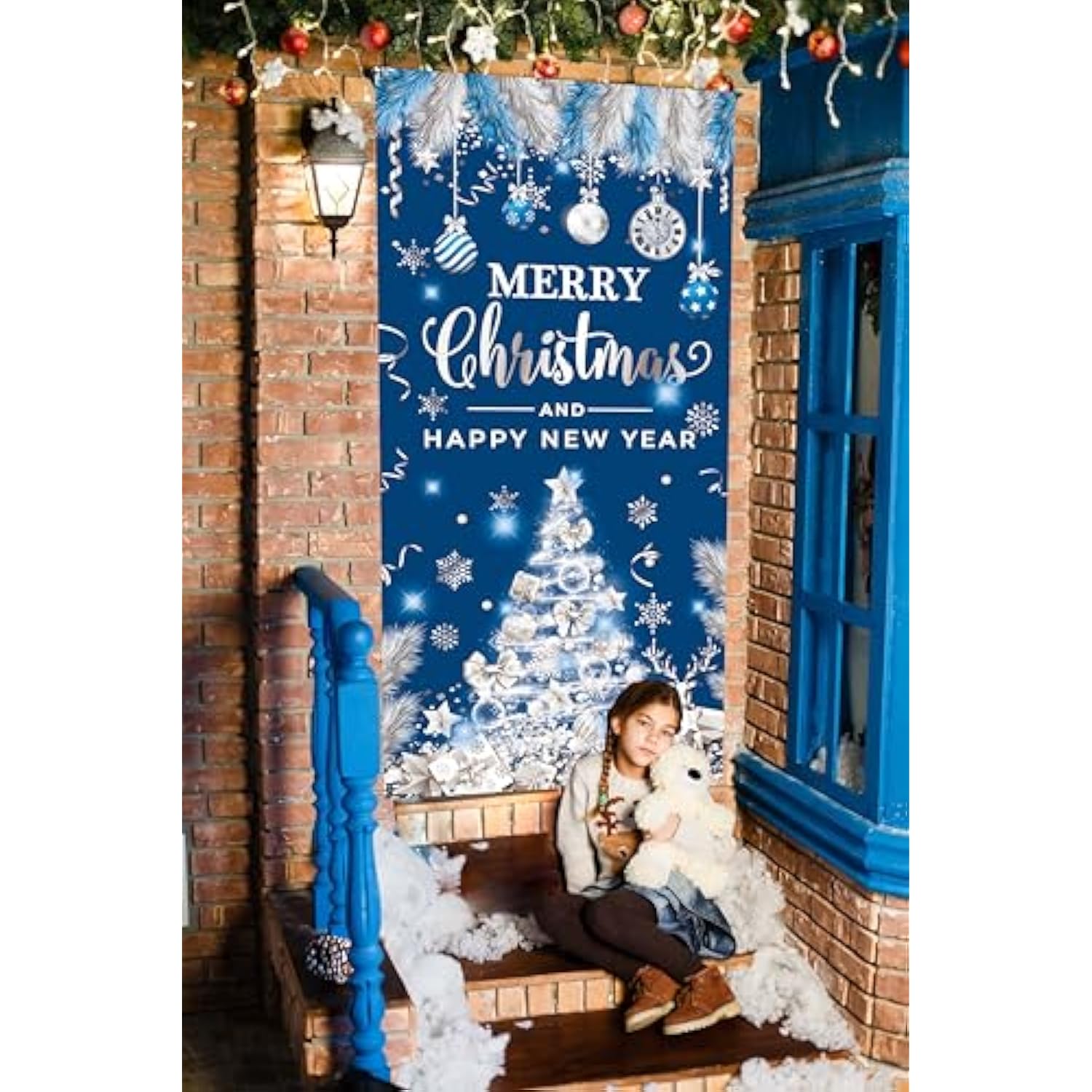 Christmas Door Cover For Front Door - Merry Xmas Banner Blue Silver Christmas Tree Themed Door Banner Decorations, Merry Christmas And Happy New Year Backdrop For Holiday Party Supplies