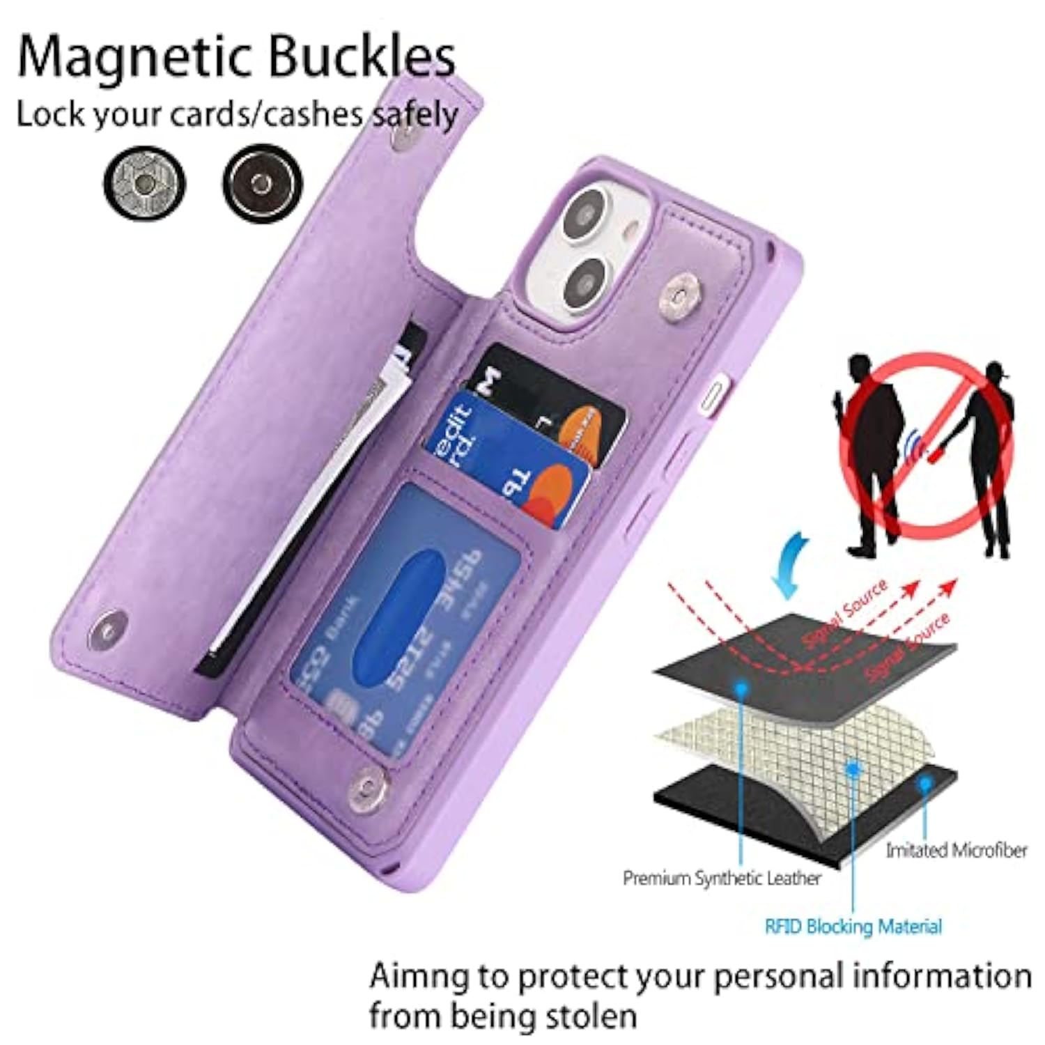 For Iphone 14 Case With Card Holder,For Iphone 14 Wallet Case For Women,Phone Cases For Iphone 14 With Stand,For Iphone 14 Leather Case Strap Shockproof Cover For Men-Purple