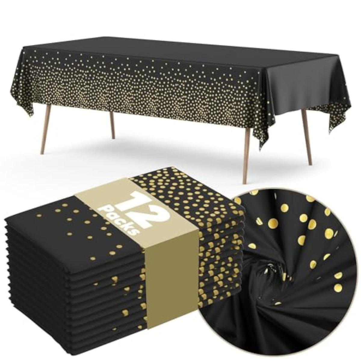12-Pack Black Gold Disposable Tablecloths 54x108 Inch Waterproof Party Decor