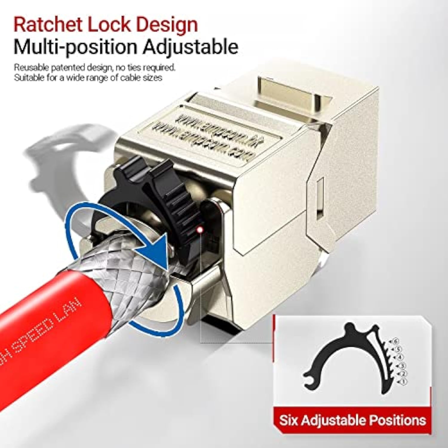 Cat7A Keystone Jack Ratchet Zip-Tie Design, 10Gbps 600Mhz Shielded Zinc-Alloy