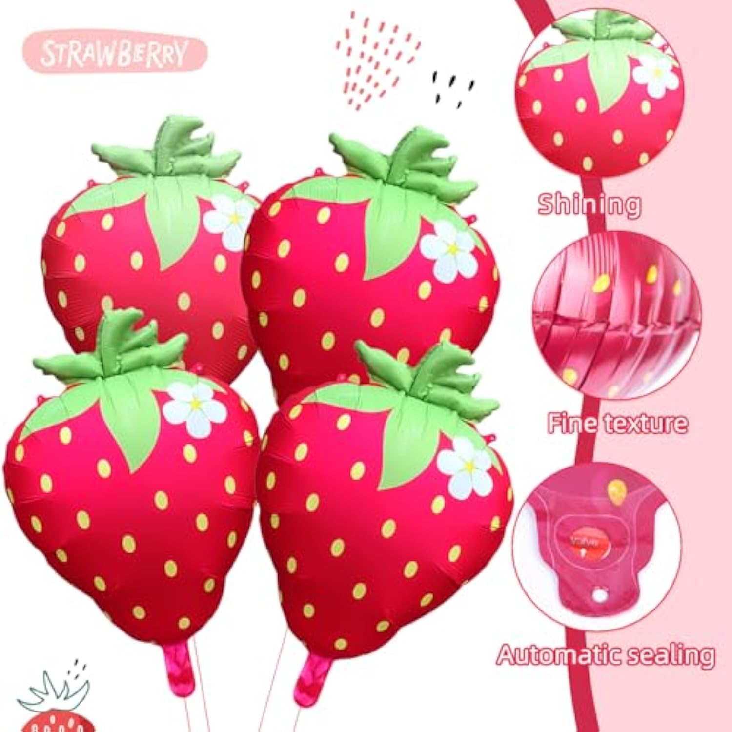 Strawberry Balloons 18" 4Pcs Foil Balloons Strawberry Birthday Baby Shower Decor
