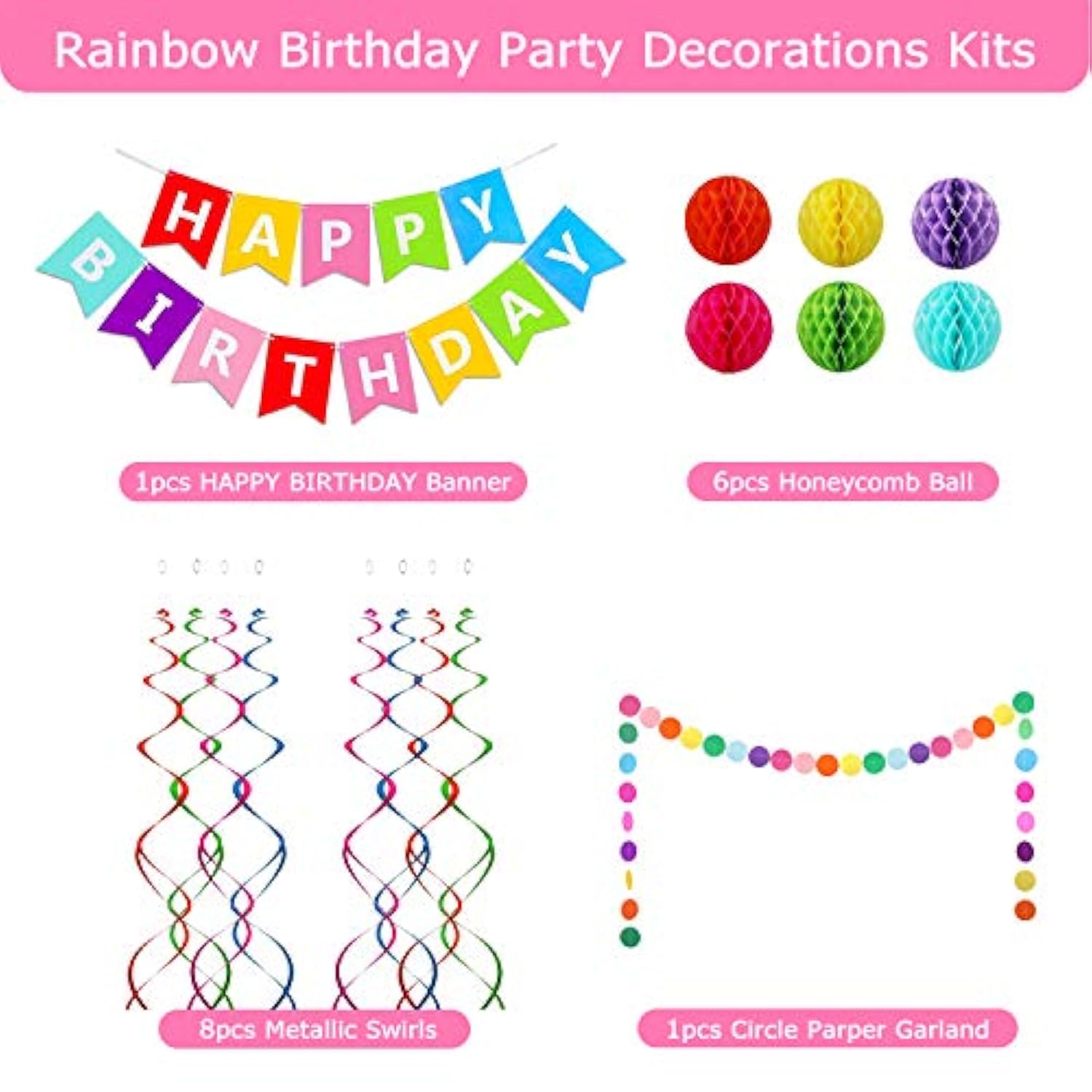 Happy Birthday Banner, Rainbow Birthday Banner, 6 Honeycomb Balls, 8 Metallic Hanging Swirls And Circle Parper Garland, Happy Birthday Decorations