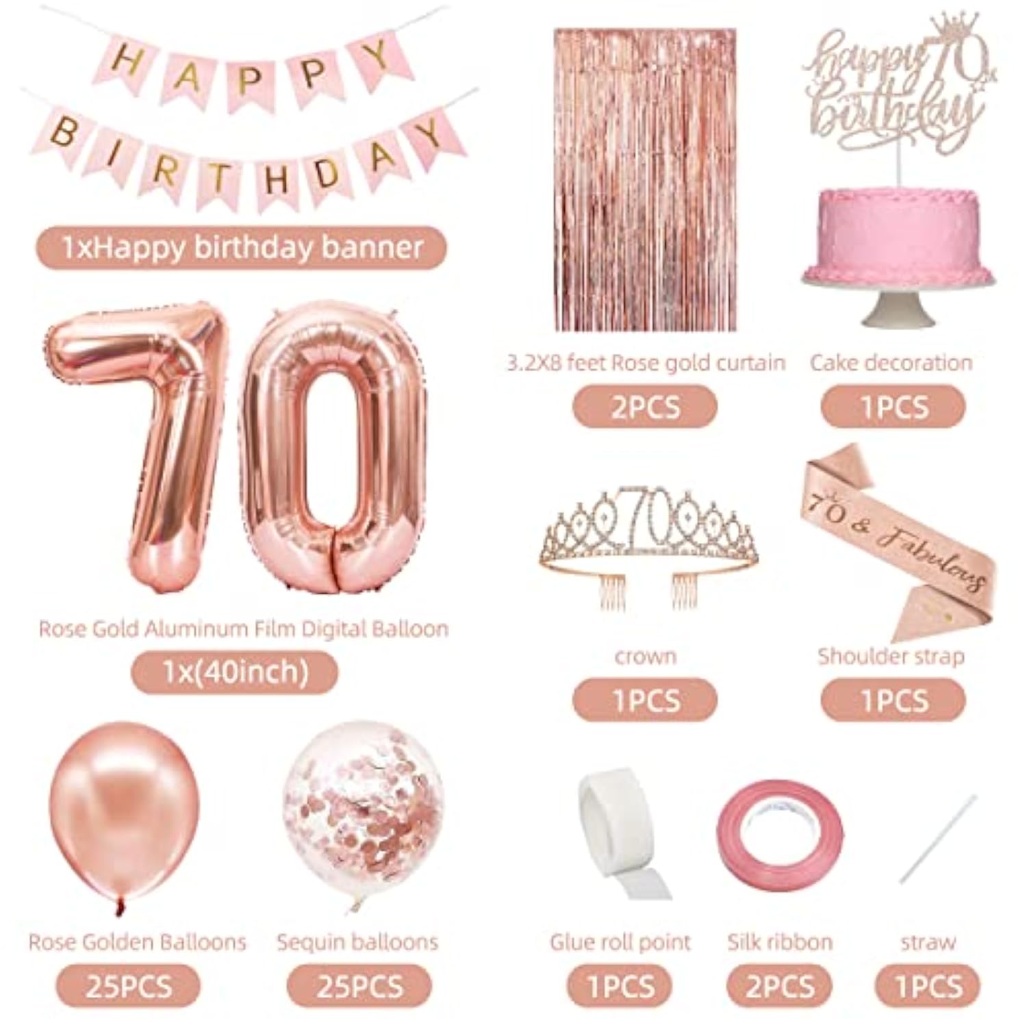 70Th Birthday Decorations For Women, Happy 70Th Birthday Banner, Crown, Sash, Cake Topper And Number Balloon, Rose Gold 70 Birthday Party Decorations Kit