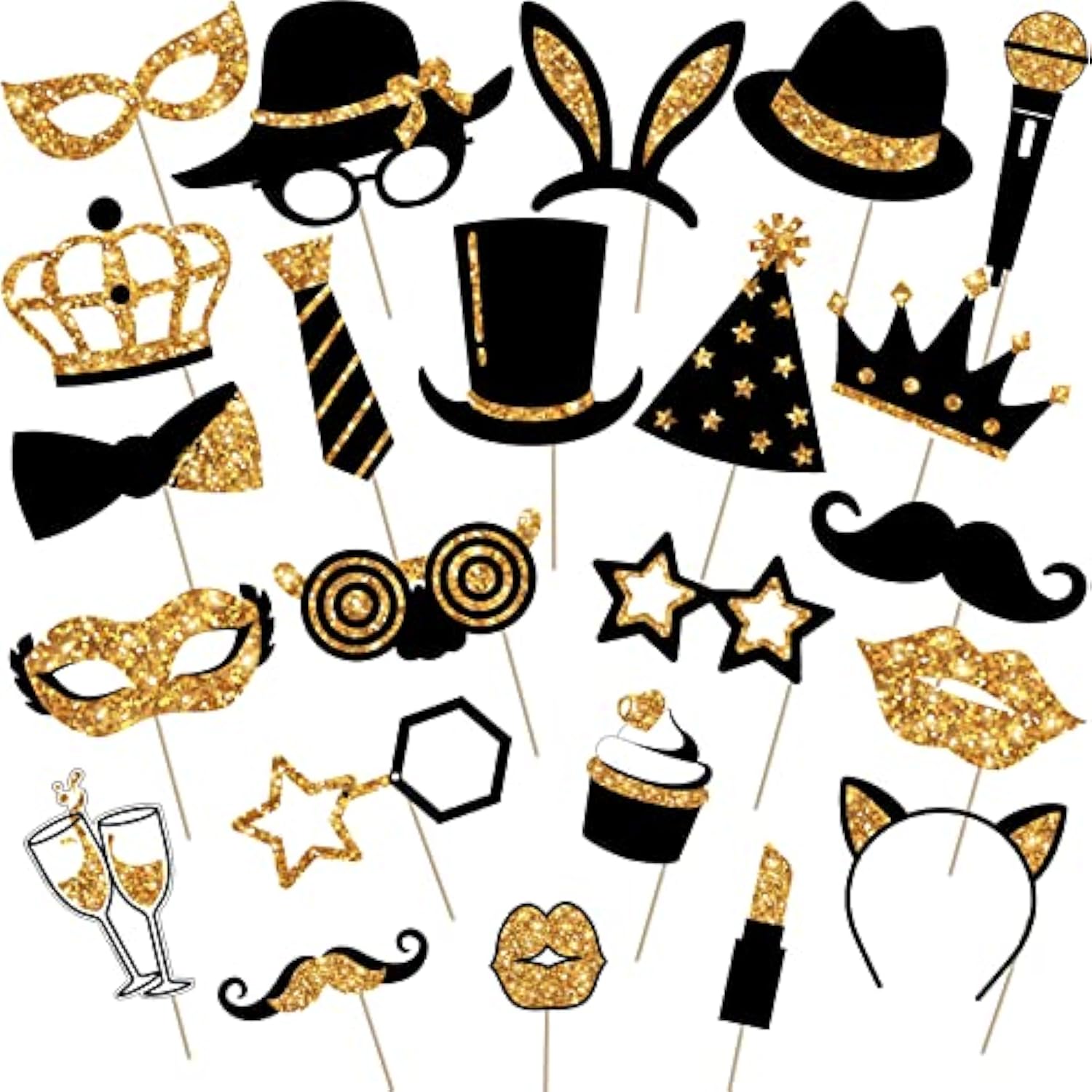 24 Pieces Funny Photo Booth Props For Birthday Weddings Graduation Party Supplies Prom Disco Mardi Gras Party Supplies Mix Of Hats, Lipstick, Tie, Crowns(Golden)