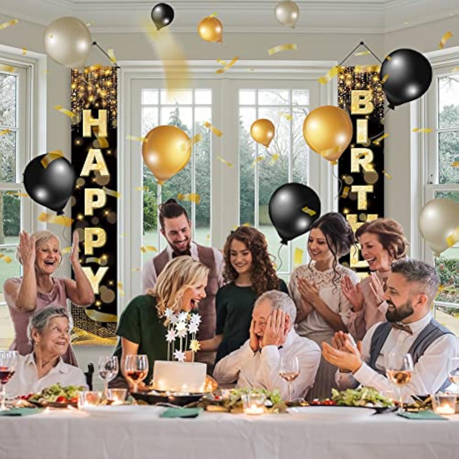 Happy Birthday Decorations Banner For Men, Women, Boys & Girls - Black & Gold Birthday Porch Sign & Party Supplies Background - 72 X 12 Inch