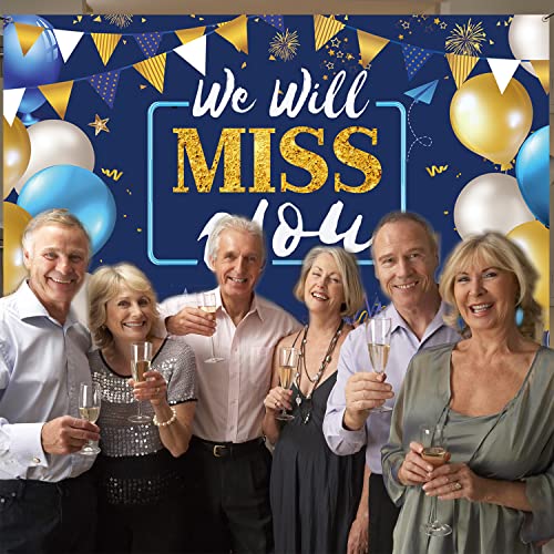 We Will Miss You Decorations Banner Backdrop, Blue Gold, Polyester, Going Away Party Decorations, Office Farewell, Graduation Parties, 6.1ft x 3.6ft with Backdrop and Ribbon