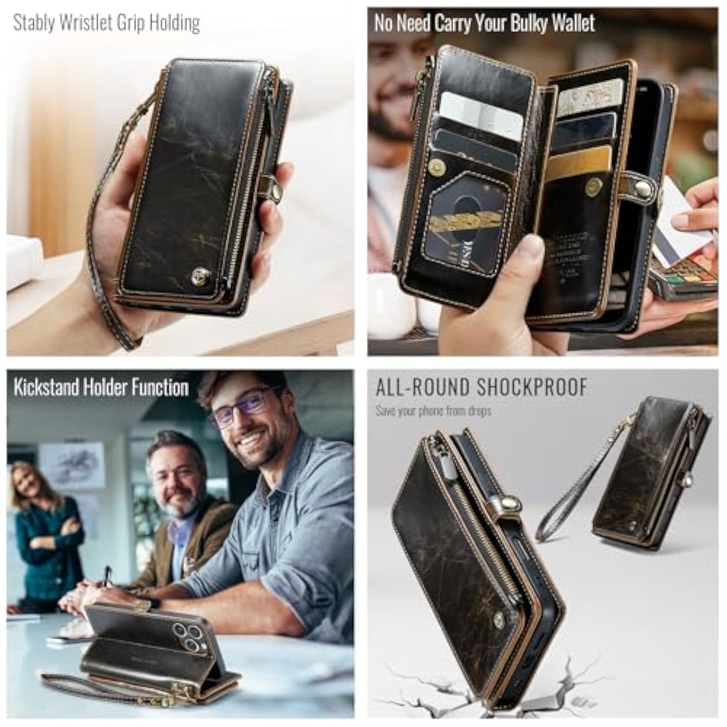 Compatible With Iphone 15 Pro Case Wallet With Rfid Blocking Card Holder For Women Men, Soft Pu Leather Magnetic Snap Flip Zipper Strap Wallet Phone Case Fit For Iphone 15 Pro 6.1", Coffee