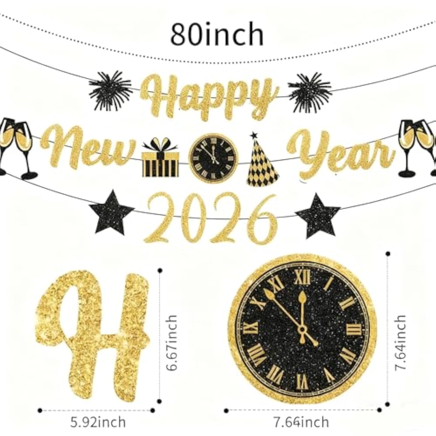 Gold & Black Glitter New Year Banner 2026 Party Decorations