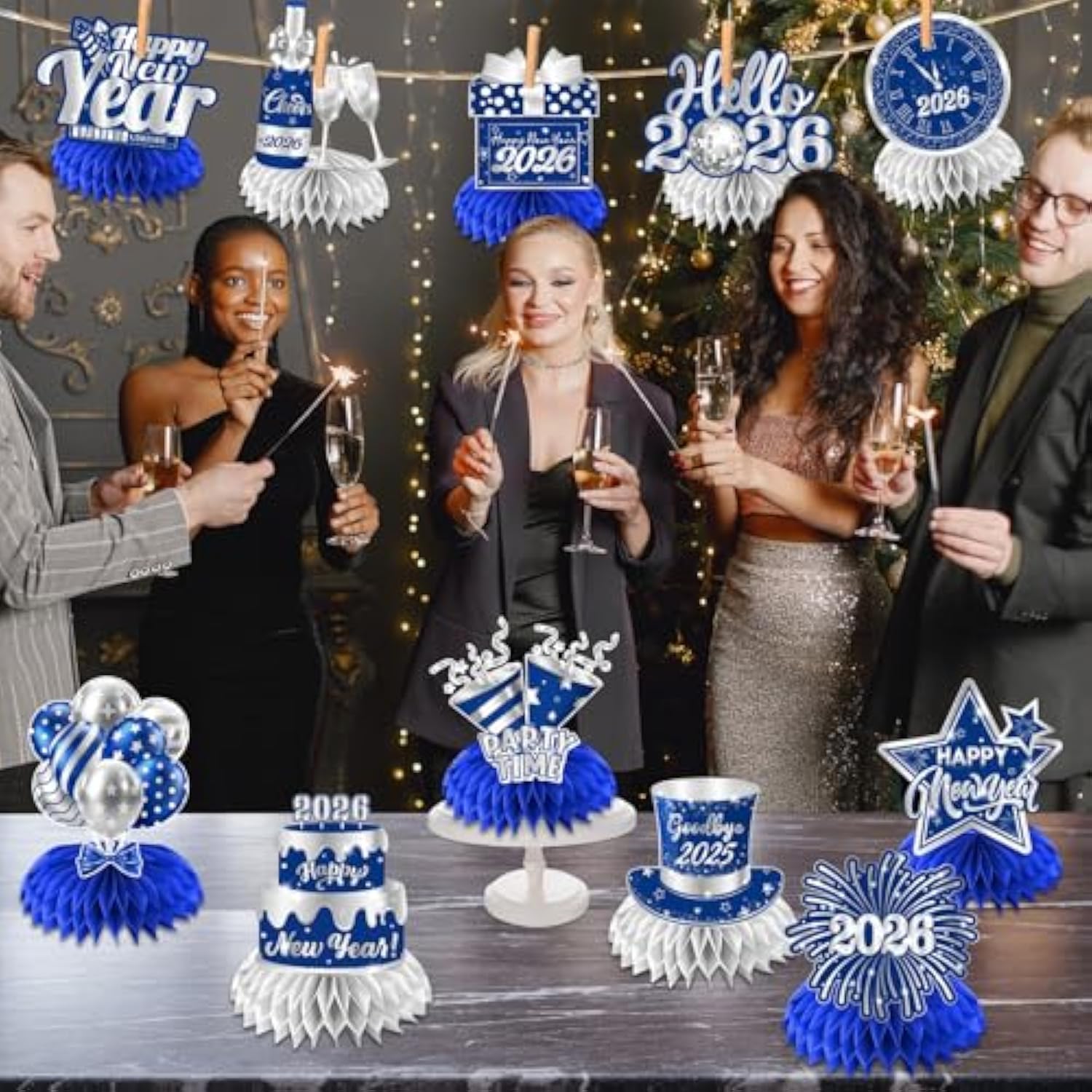12pcs Blue Silver New Year 2026 Honeycomb Table Centerpieces for NYE Party