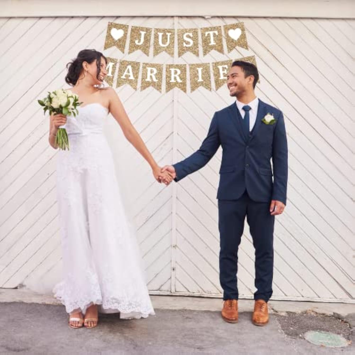 Pre-Strung Just Married Banner - No Diy - Gold Glitter Wedding Party Banner - Pre-Strung Garland On 6 Ft Strands - Gold Wedding Reception Party Or Car Decorations & Decor. Did We Mention No Diy