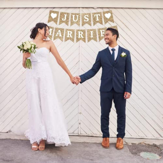 Pre-Strung Just Married Banner - No Diy - Gold Glitter Wedding Party Banner - Pre-Strung Garland On 6 Ft Strands - Gold Wedding Reception Party Or Car Decorations & Decor. Did We Mention No Diy