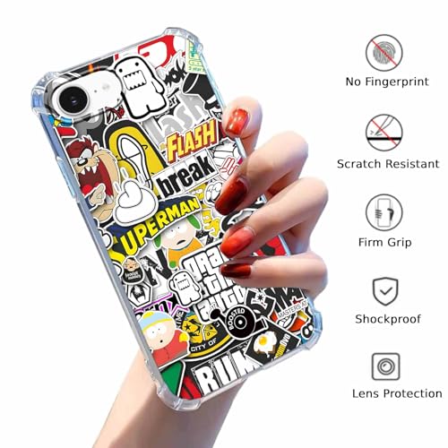Case for iPhone 16e and iPhone 17e with Pop Culture Design,Aesthetic Cartoon Sticker Bomb Art Collage,Clear Slim Soft TPU Bumper Phone