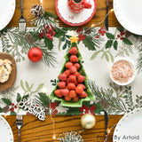Holly Pine Cone Christmas Table Runner, Seasonal Winter Kitchen Dining Table Decoration For Home Party Decor 13X72 Inch