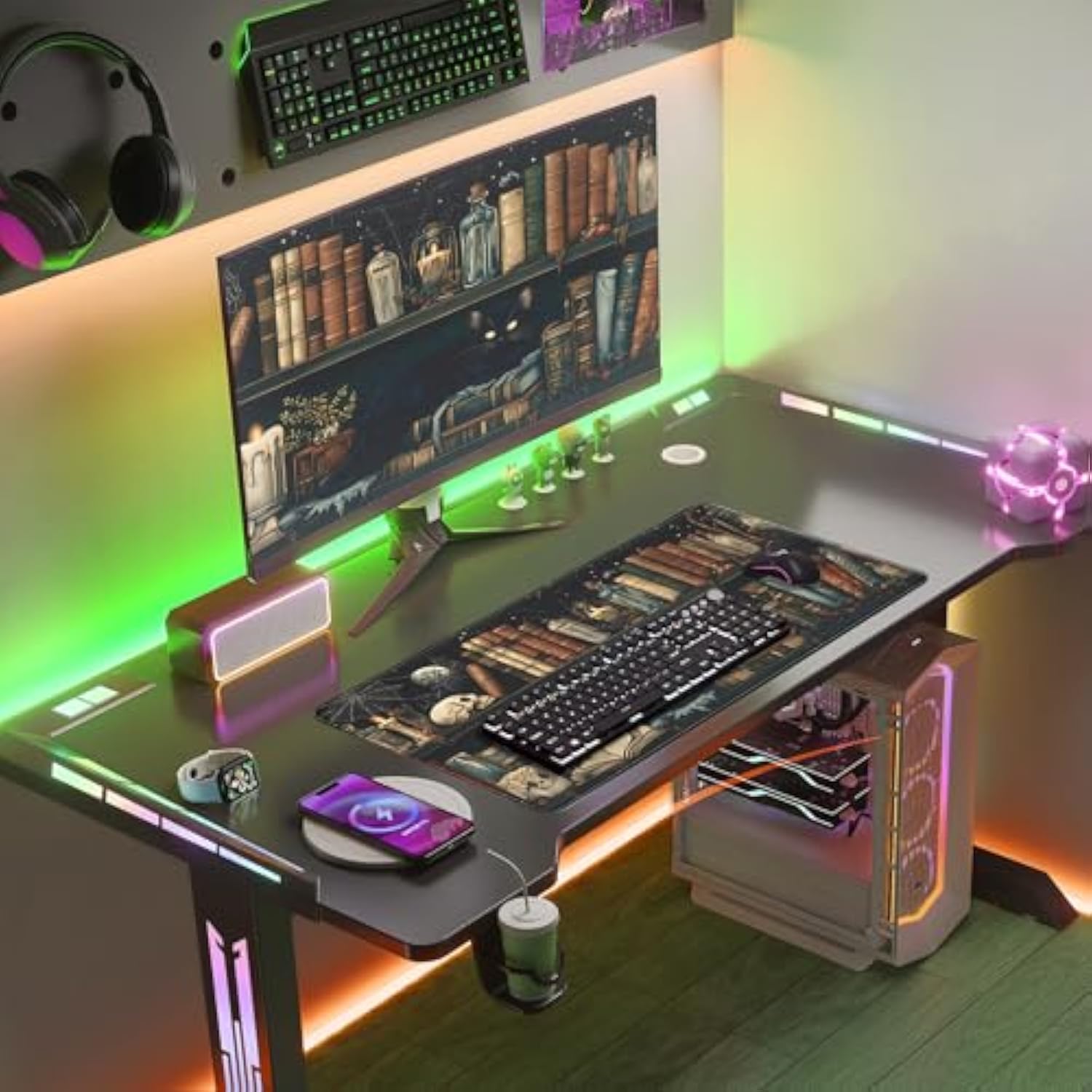 Mystic Grimoire Desk Mat - Black Cat On Bookshelf Large Mouse Pad- Gothic Library With Skull Bottles Extended Desk Pad- Dark Academia Starry Night Xl Mouse Pad For Gaming Study Work 31.5 * 15.7In