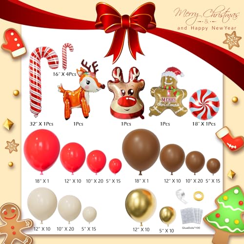 173pcs Christmas Balloon Garland Arch Kit Red Brown Sand White Gold Balloons with Gingerbread Moose Elk Deer Candy Cane Foil Balloon for Christmas Woodland Party Xmas Winter Party Decorations