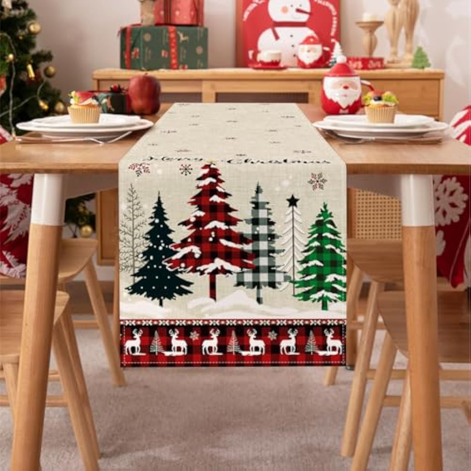 Buffalo Plaid Merry Christmas Trees Table Runner 13X72 Inch Snowflake Deer Seasonal Winter Holiday Kitchen Dining Table Decoration For Indoor Outdoor Home Party Decor