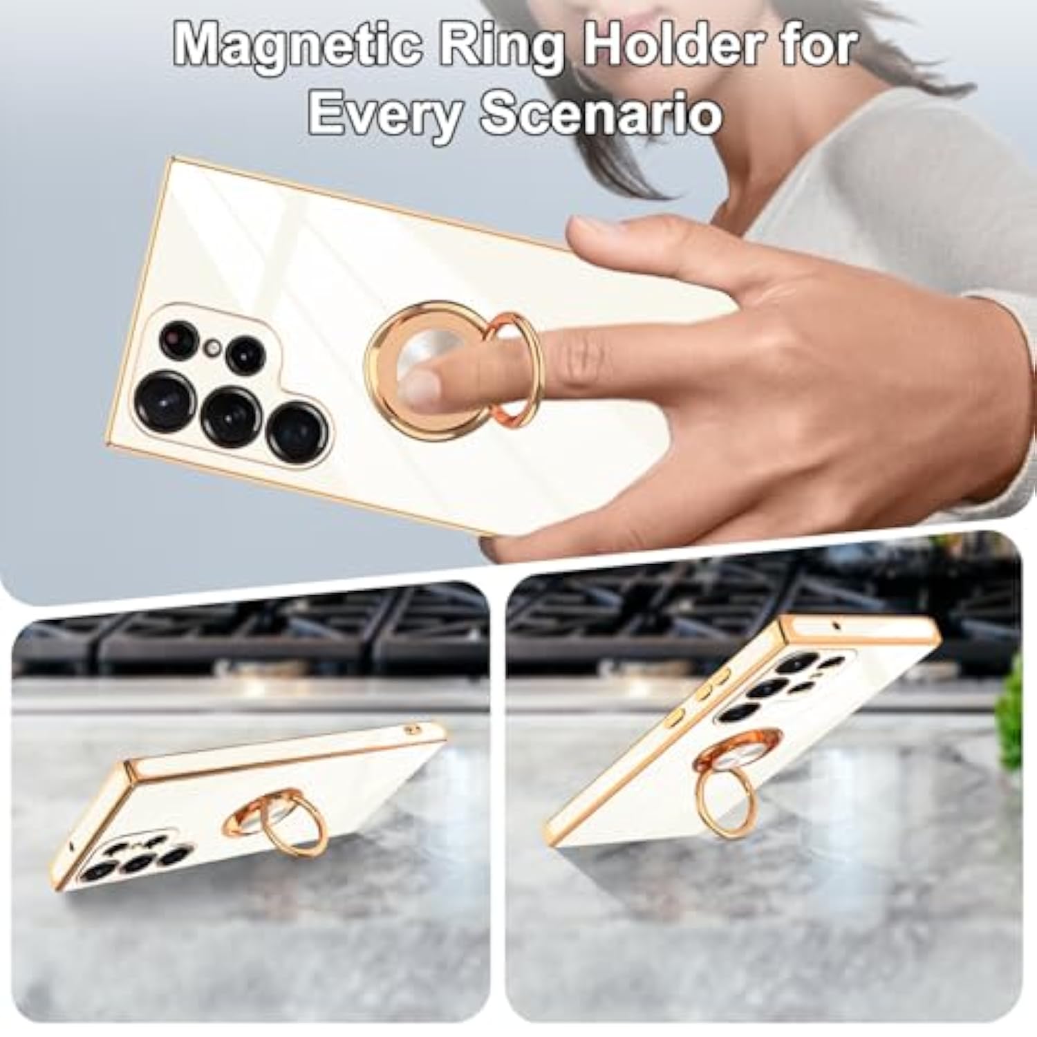 Designed For Samsung Galaxy S23 Ultra Case With Ring Stand, Support Magnetic Car Mount Rotating Finger Holder Soft Tpu Cover Plating Edge Slim Phone Case For Galaxy S23 Ultra White