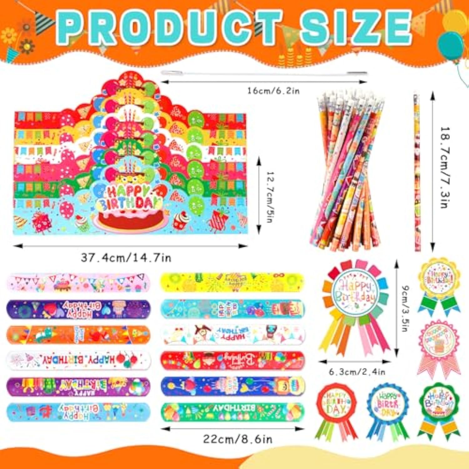 144 Pcs Birthday Crowns For Kids Classroom Include 36 Colorful Birthday Paper Hats With Elastic Band 36 Badge Stickers 36 Slap Bracelets And 36 Pencils For Classroom School Party Supplies