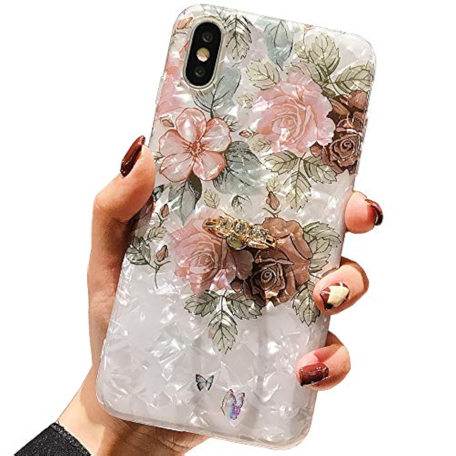 Compatible With Iphone Xs Max Case 6.5 Inch,Flower Design Cute Fashion For Men Women Girls With 360 Degree Rotating Ring Kickstand Soft Tpu Shockproof Cover Brown Floral