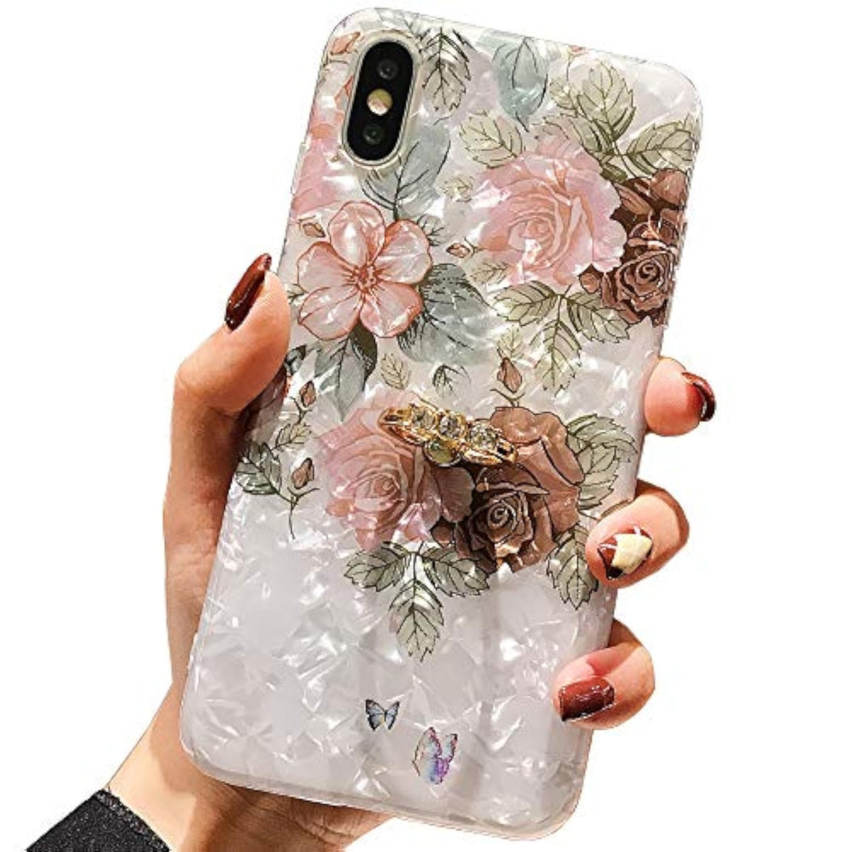 Compatible With Iphone Xs Max Case 6.5 Inch,Flower Design Cute Fashion For Men Women Girls With 360 Degree Rotating Ring Kickstand Soft Tpu Shockproof Cover Brown Floral