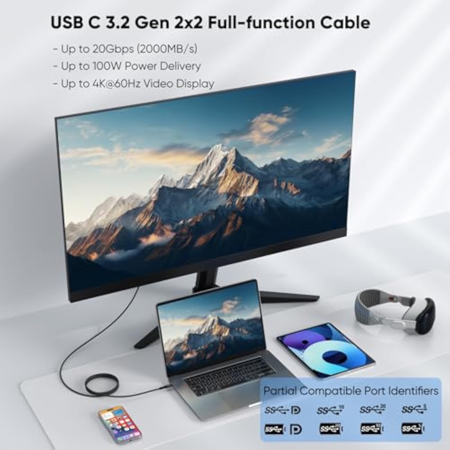 Usb C Data Transfer Cable 6Ft, Usb C 3.2 Gen 2X2 With 20Gbps High Speed, 4K@60Hz Monitor Video Display, 100W Fast Charging Full Function Cord For Macbook, Phone, Monitor, External Ssd, Dock And More