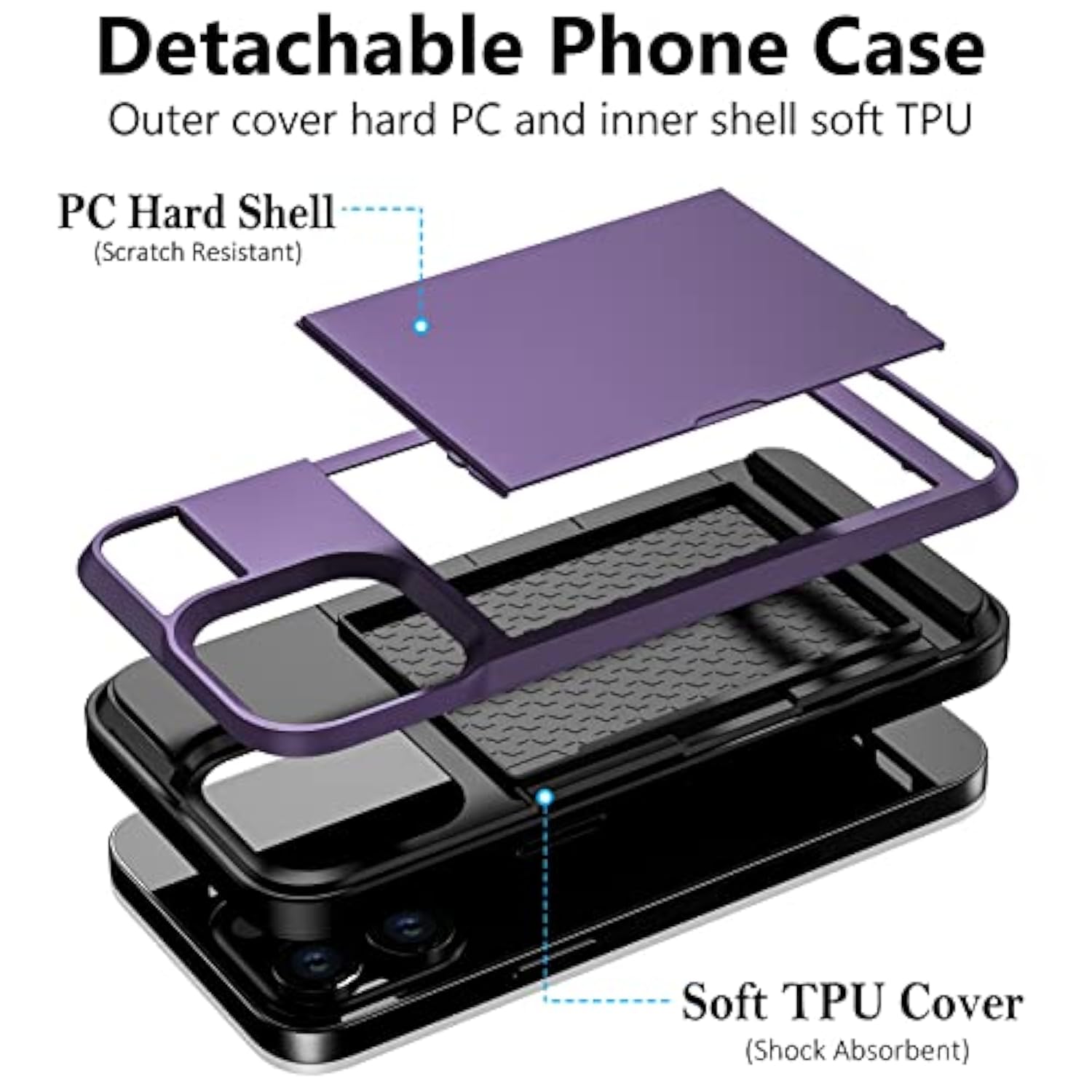 For Iphone 14 Pro Max Case Wallet Credit Card Holder Id Slot Sliding Door Hidden Pocket Men Women Anti-Scratch Dual Layer Hybrid Bumper Armor Protective Shell Back Cover Greypurple 6.7 Inch