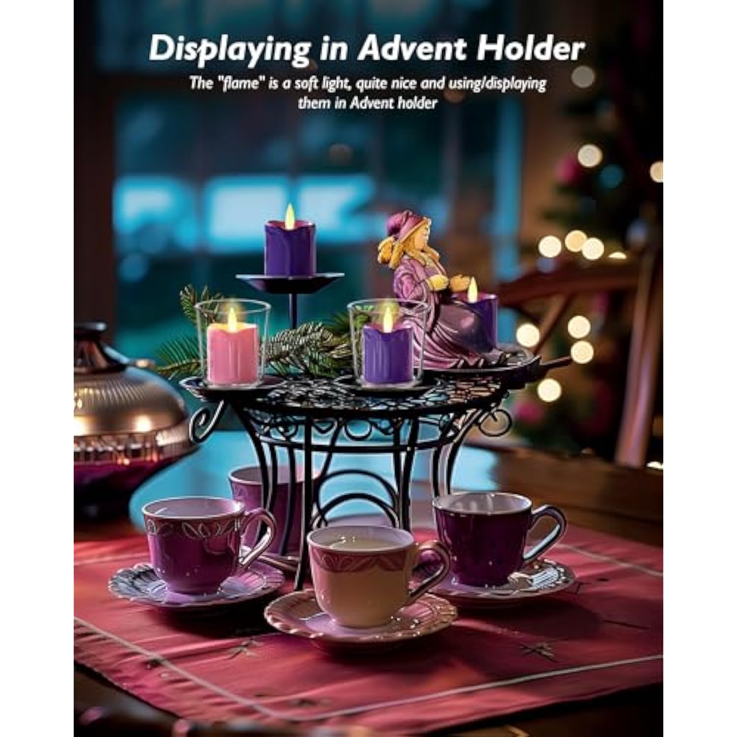 Purple And Pink Advent Candles Set Of 4, 400+ Hours Long Lasting Flickering Flameless Led Votive Candles With Timer, 2" X 2" Melted Candles For Christmas Advent Rituals And Wreath