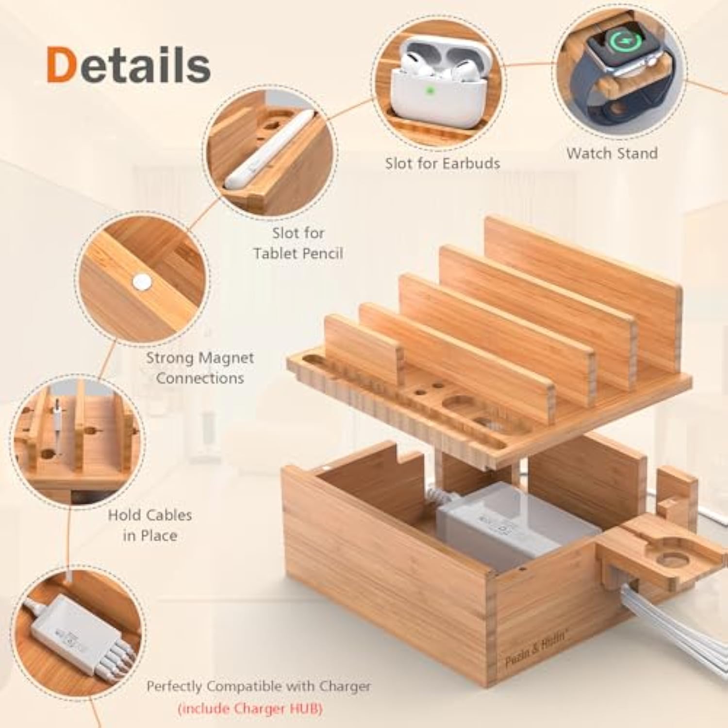 Bamboo Charging Station For Multiple Devices Include 5 Port Usb Charger, 5 Cables, Desktop Organizer For Phones, Tablet, Wooden Docking Stations