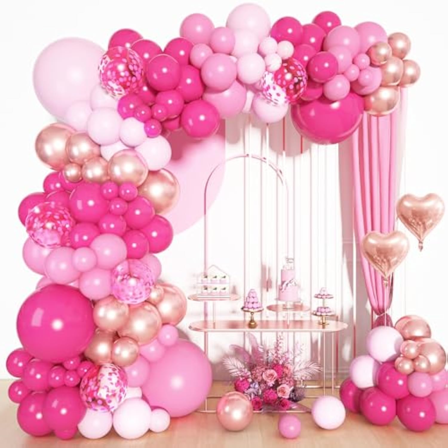 Pink Balloons Arch Garland Kit, Different Sizes 18 12 10 5Inch Hot Pink Pastel Latex Metallic Confetti Heart Foil Balloon For Girls Women Wedding Engagement Birthday Party Decorations