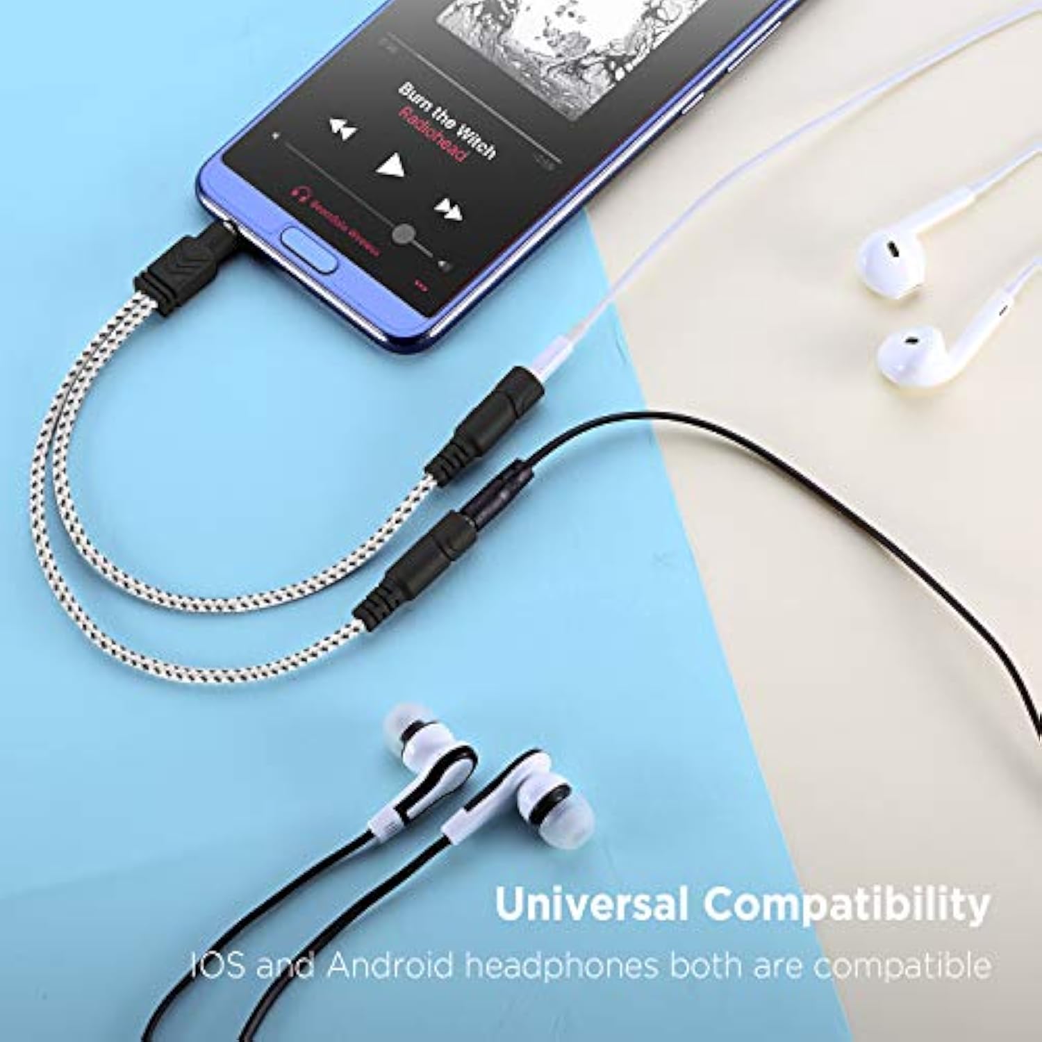 Headphone Splitter, Knitted 3.5Mm Audio Splitter Trs 3-Pole Aux Splitter Cable For Headphones Earphones Speakers -Zebra White/2Pack