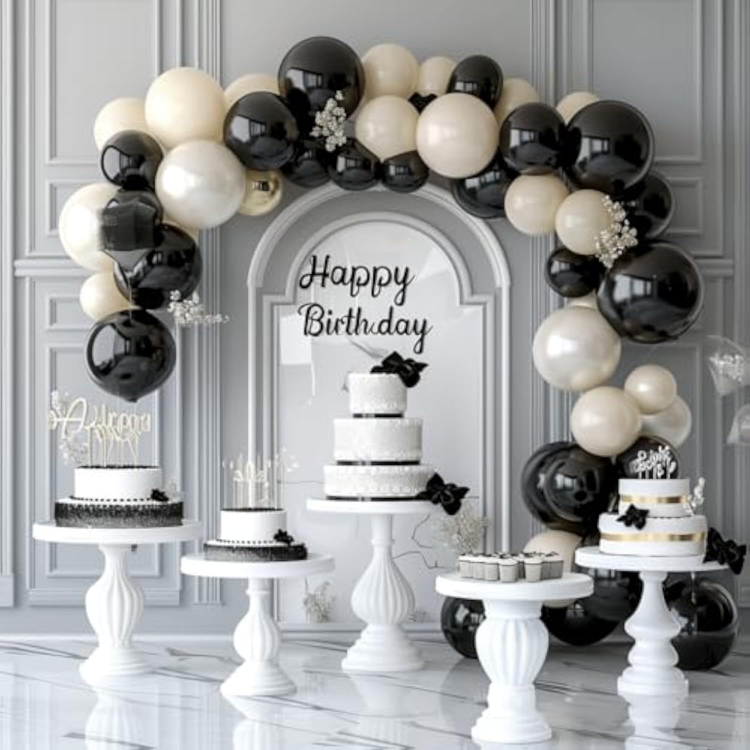 Black And White Balloons Arch Kit, 122Pcs Black And Sand White Balloon Garland Kit For Birthday Wedding Bridal Engagement Bachelorette Party Decorations
