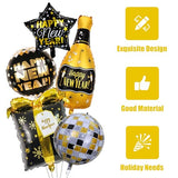 8Piece Happy New Year Balloons Set, Black Gold New Years Eve Party Supplies with 4D Dico Balloons, Gift Box, Stars and Champagne Bottle Foil Balloon for 2026 NYE Party Decorations