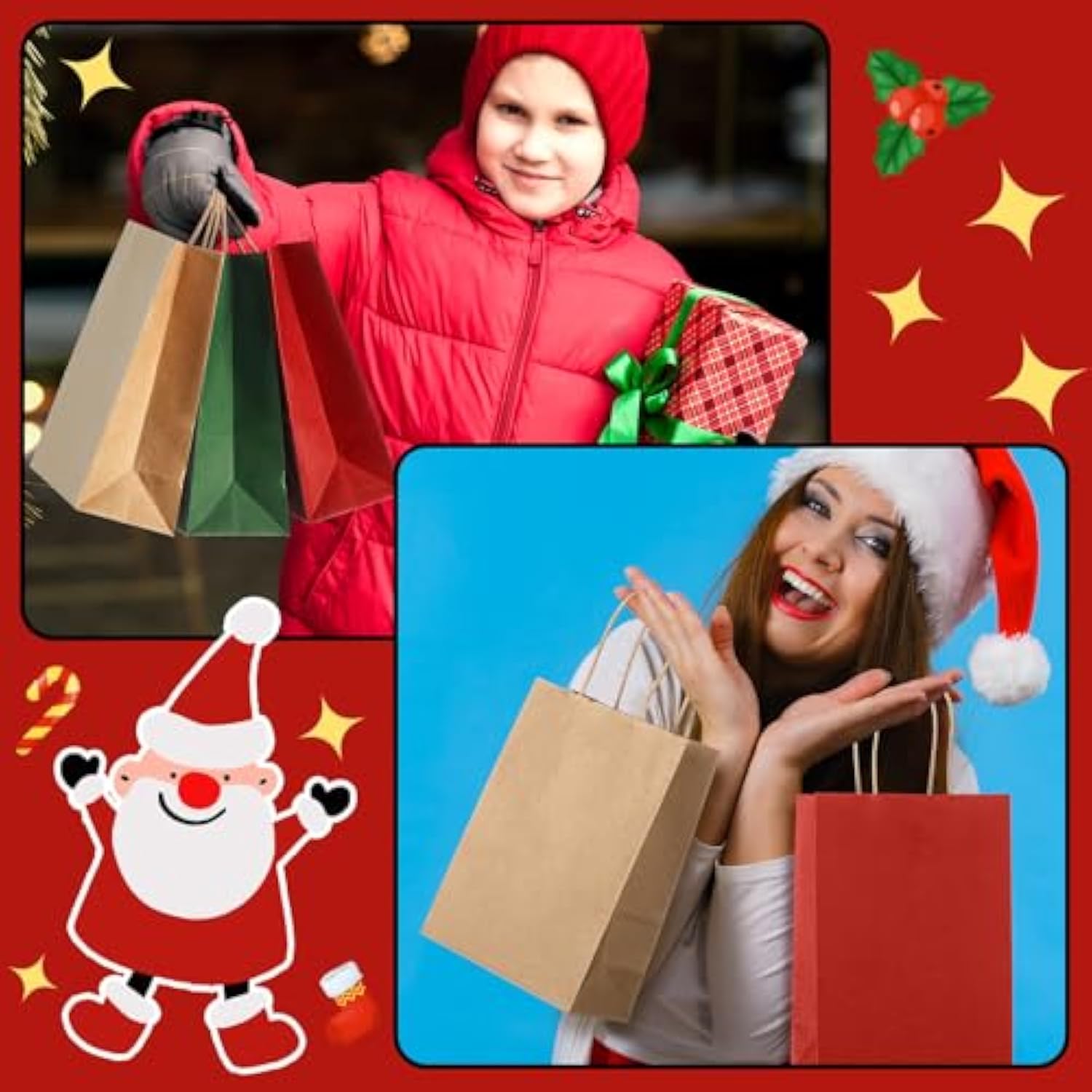 120 Pcs Brown Red And Green Christmas Gift Bags Holiday Gift Kraft Paper Bags With Handles For Wedding Baby Shower Bridal Shower Shopping Party Favor Business, 8.26 X 6.3 X 3.15 Inches