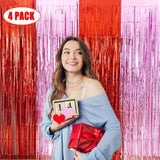 Valentines Backdrop Decorations - 4 Pack Of 3.2X8.2Ft Red Pink Foil Fringe Curtains Streamers Backdrop For Birthday Valentines Decor