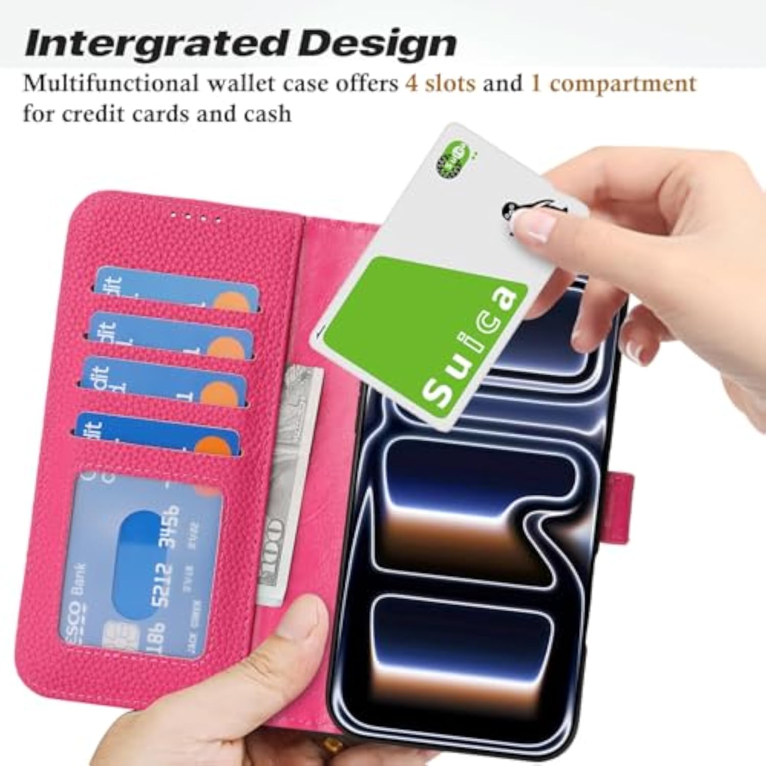 Genuine Leather Wallet Case for iPhone 17 Pro, 4 Card Slot, Rose Red