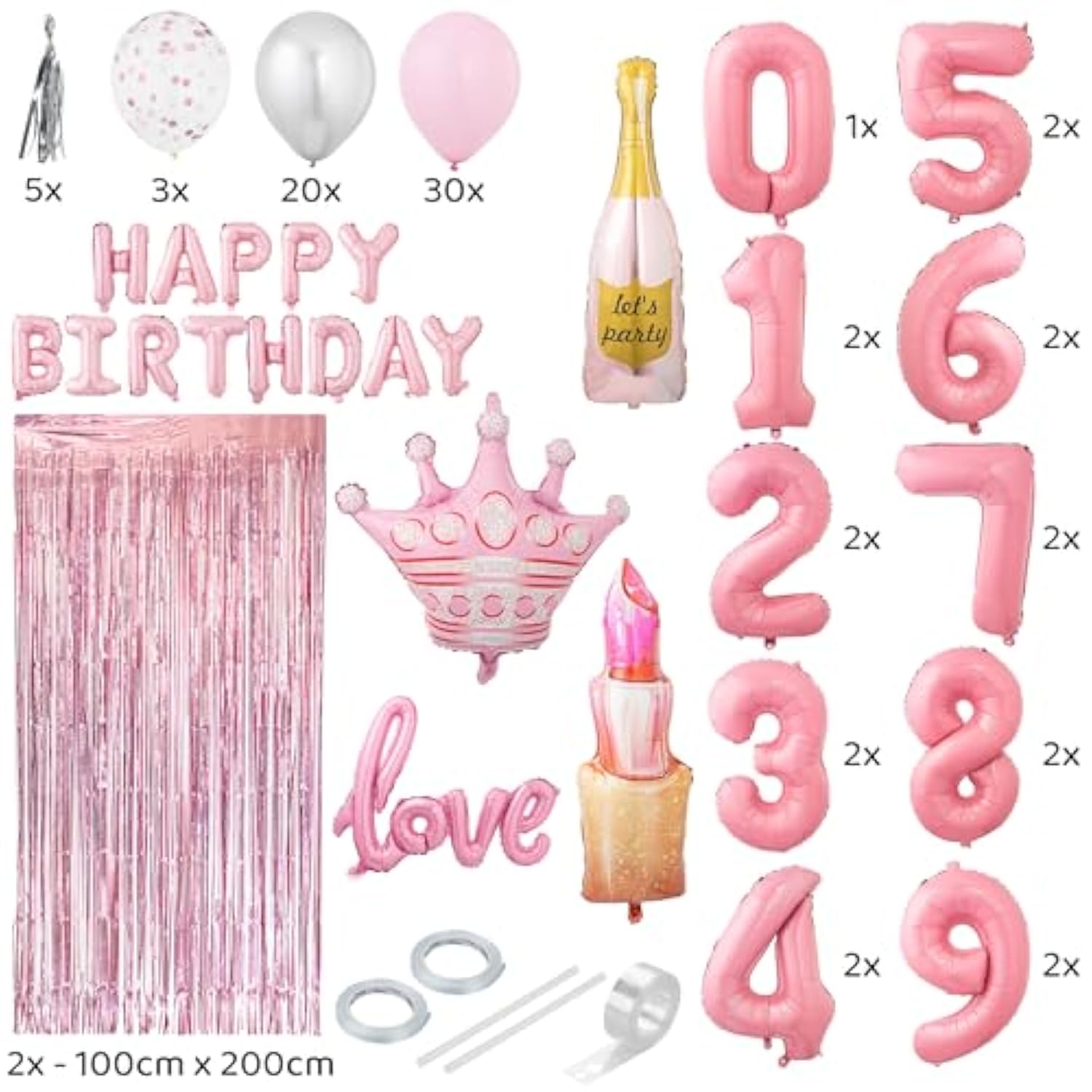 Pink Happy Birthday Balloon Set For Girls - 89 Pc Party Decorations For Women With 0-19 Number Balloons, Crown, Lipstick And Champagne Bottle Shapes, Confetti, Backdrop, Arch Kit, Assembly Supplies