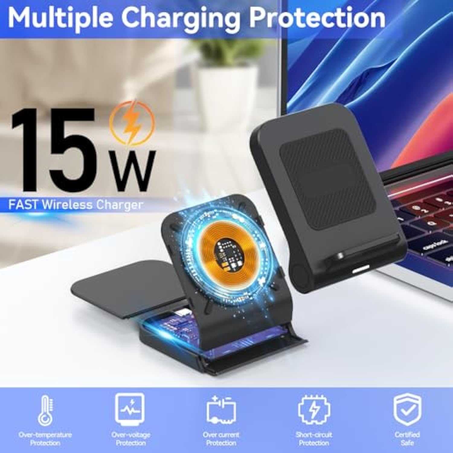 For Samsung Galaxy Z-Flip Wireless Charger: Galaxy Z Flip 6/5/4/3 Charging Stand, 15W Fast Wireless Charger For Galaxy Z Flip6/Z Flip5/Z Flip4, Razr+(5W) Non-Fold(Qc3.0 Adapter Included) Black