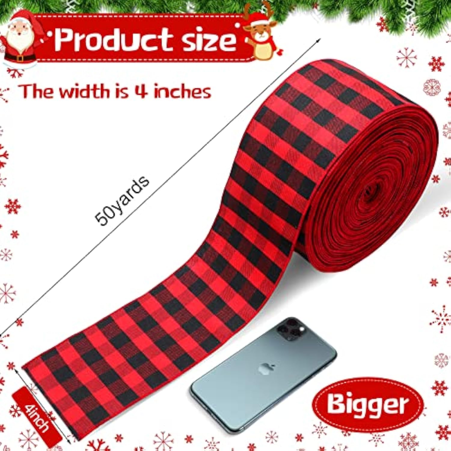 4 Inch X 50 Yards Christmas Plaid Buffalo Ribbon, Check Wired Edge Rib