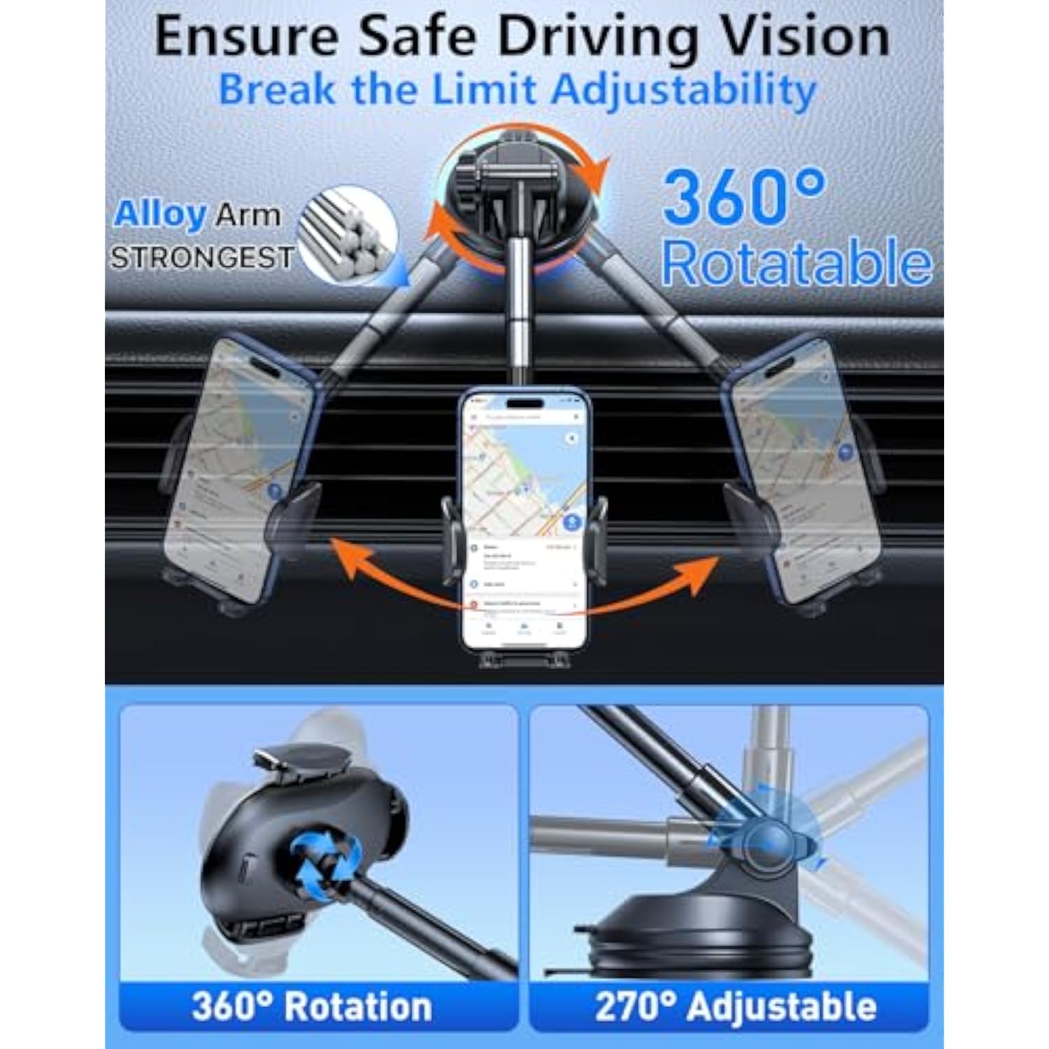 Military-Grade Suction Phone Holder, 360° Rotating Car Mount for iPhone/Samsung