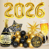Black Gold New Year 2026 Party Set with Balloons, Banner & Fringe Backdrop