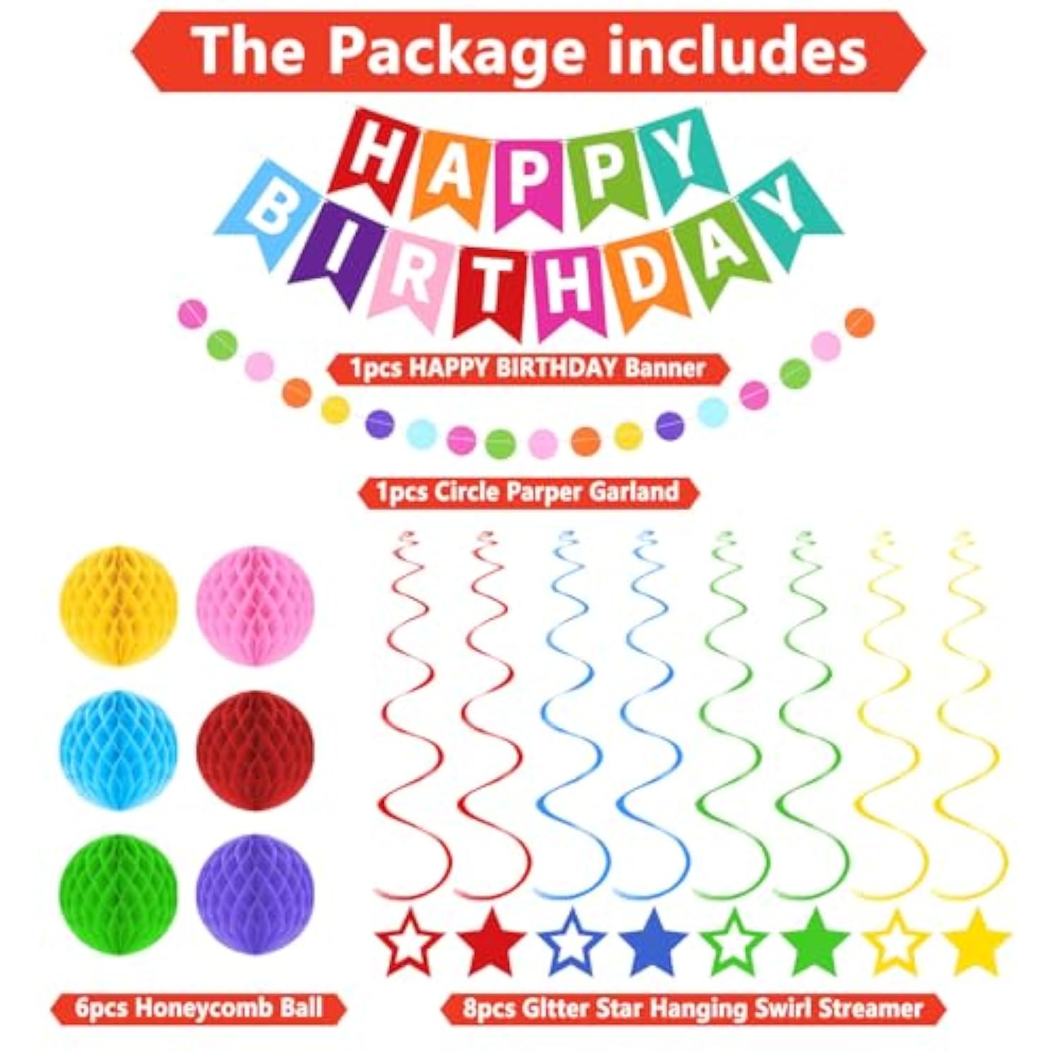 Happy Birthday Banner, Rainbow Birthday Decorations Set With 6 Honeycomb Balls, 8 Star Hanging Swirl Streamers, Circle Dots Garland Perfect For Women, Men, Boys, Girls